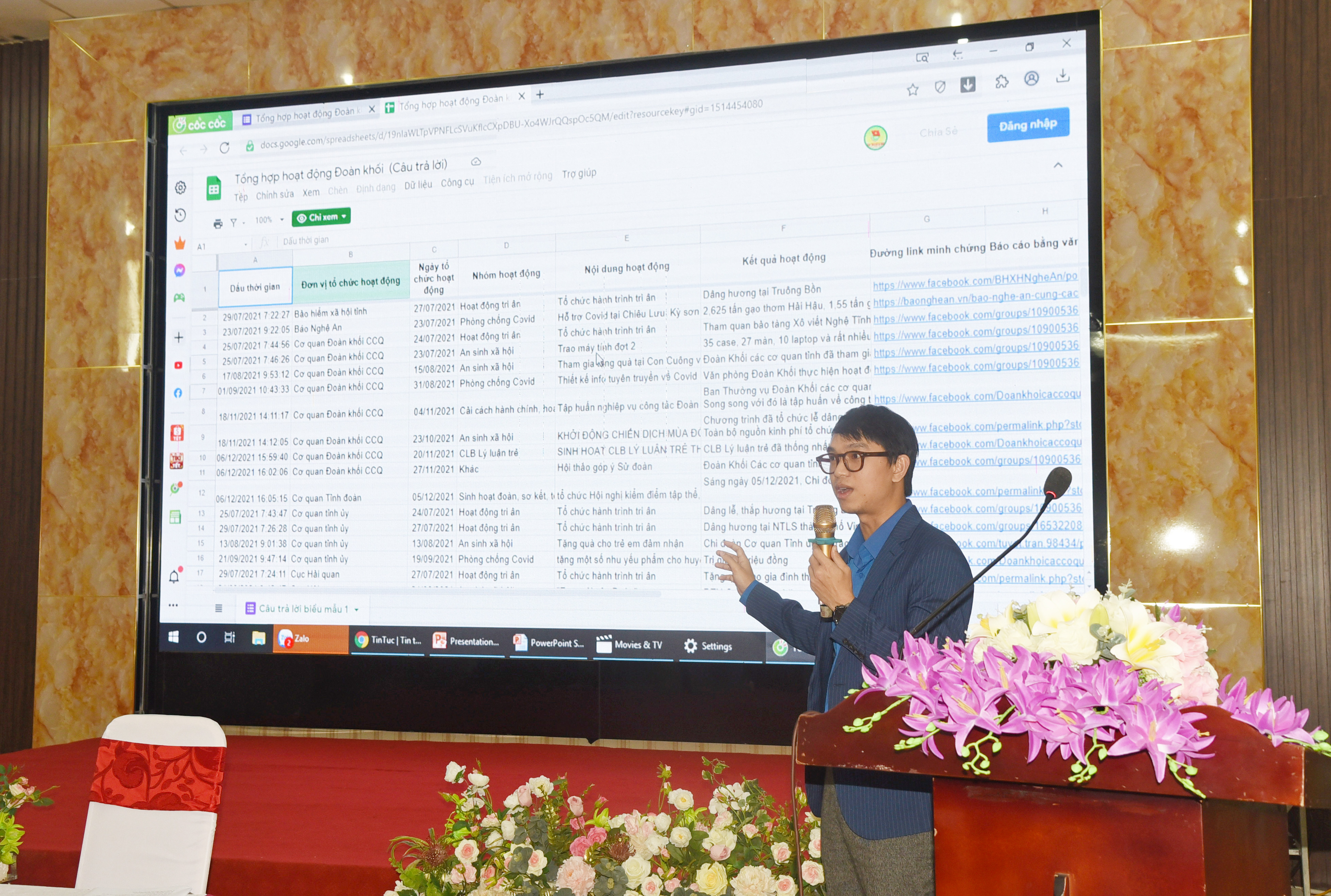 Đồng chí Nguyễn Hồ Mạnh - Phó Bí thư Đoàn khối CCQ tỉnh triển khai hệ thống báo cáo và theo dõi thông tin hoạt động Đoàn Khối trên hệ thống biểu mẫu Google. Ảnh: TG