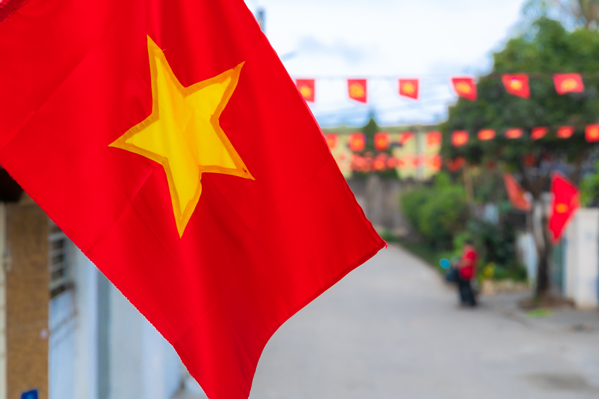 Các ngõ làng, ngõ xóm cũng được người dân treo cờ tổ quốc, cờ đảng chào mừng 92 năm Ngày thành lập Đảng cộng sản Việt Nam. Ảnh: Đức Anh