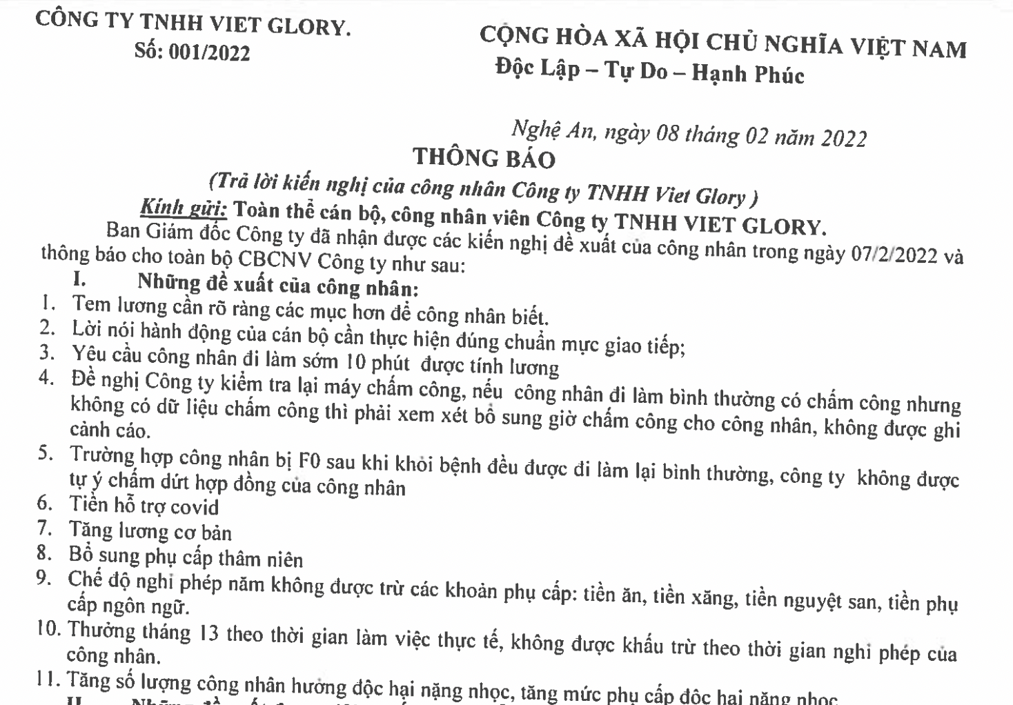 18 giờ chiều qua 8/2, lãnh đạo Công ty TNHH Viet Glory đã có văn bản trả lời 11 yêu cầu, kiến nghị của người lao động