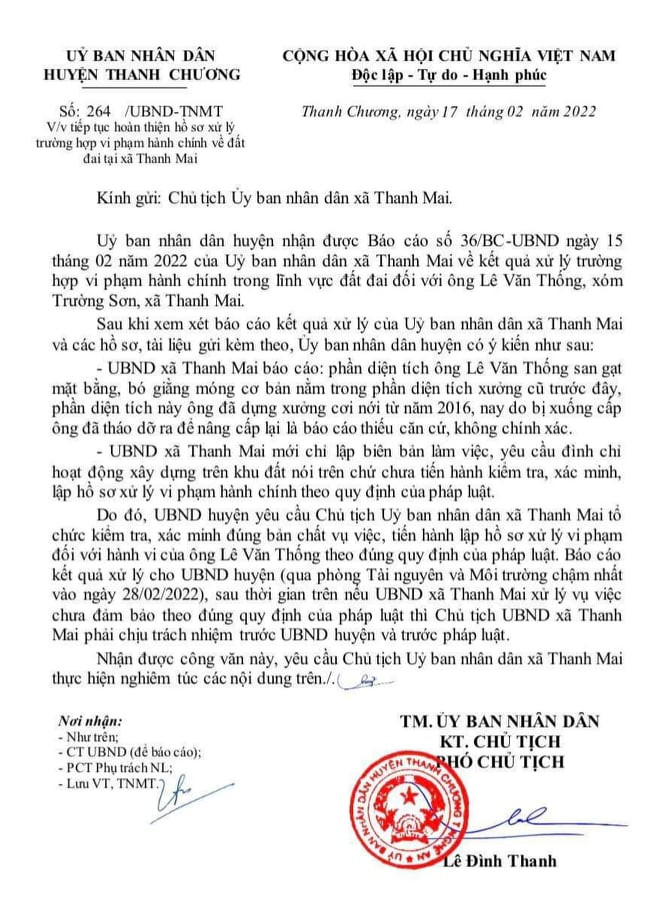 Công văn số 264/UBND-TNMT ngày 17/2/2022 của UBND huyện Thanh Chương. Ảnh: Nhóm PVPL