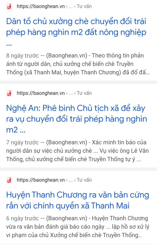 Một số bài viết về chủ Xưởng chế biến chè Truyền Thống (xã Thanh Mai, huyện Thanh Chương) chuyển đổi trái phép hàng nghìn m2 đất nông nghiệp trồng lúa mà Báo Nghệ An đã đăng tải