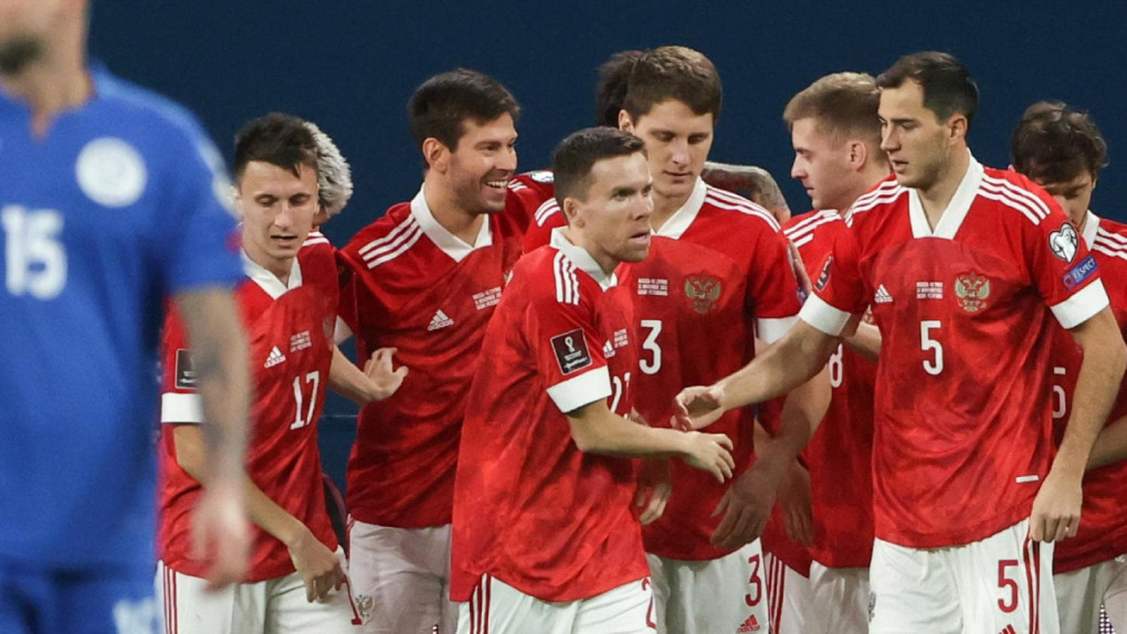  Cầu thủ Nga (áo đỏ) ăn mừng trong trận thắng Síp 6-0 ở vòng loại World Cup 2022. Ảnh: UEFA.