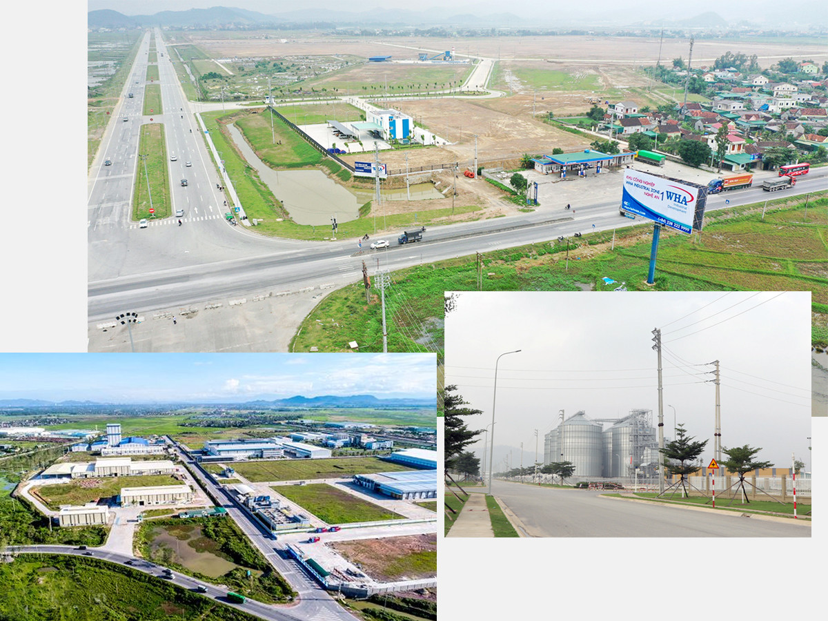 Ảnh trên xuống, trái sang:  Khu công nghiệp WHA Industrial Zone 1 - Nghệ An;  Khu kinh tế Đông Nam; Một góc Khu công nghiệp VSIP.  Ảnh tư liệu