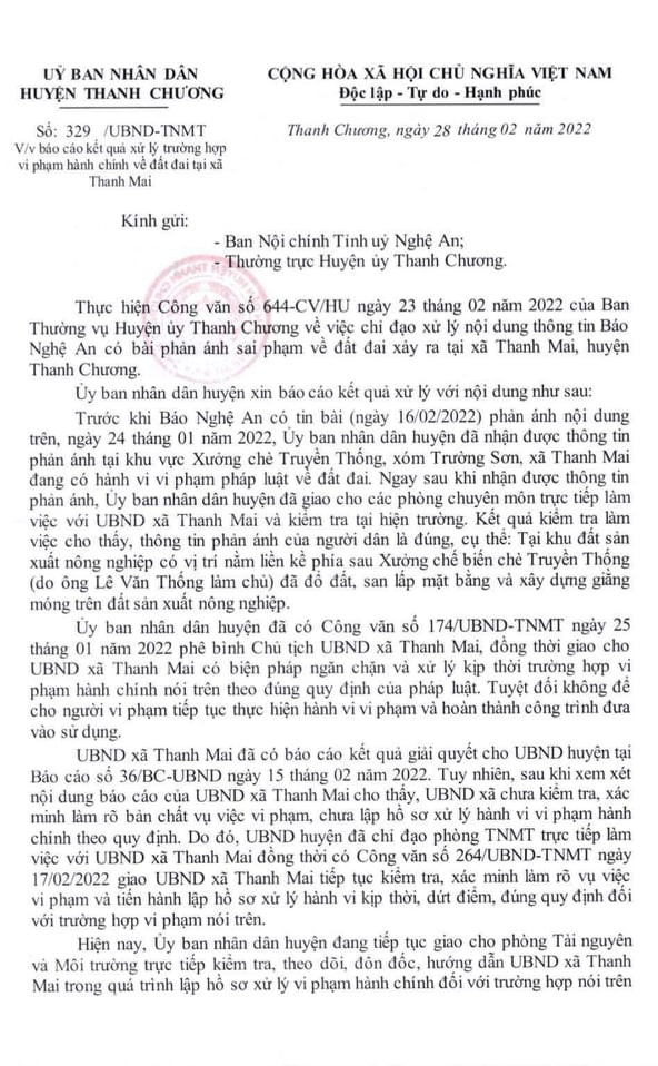 Báo cáo số 329/BC-UBND về việc báo cáo kết quả xử lý trường hợp vi phạm hành chính về đất đai tại xã Thanh Mai gửi Ban Nội chính Tỉnh ủy.
