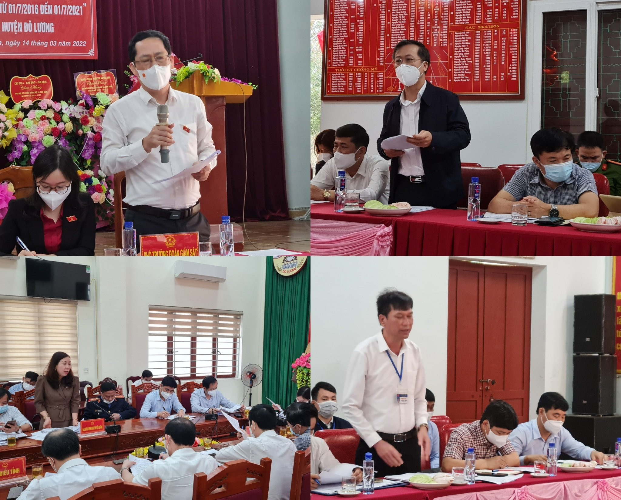 Các đại biểu phát biểu tại các cuộc làm việc của Đoàn ĐBQH tại xã Tân Sơn và UBND huyện Đô Lương. Ảnh: Hoài Thu