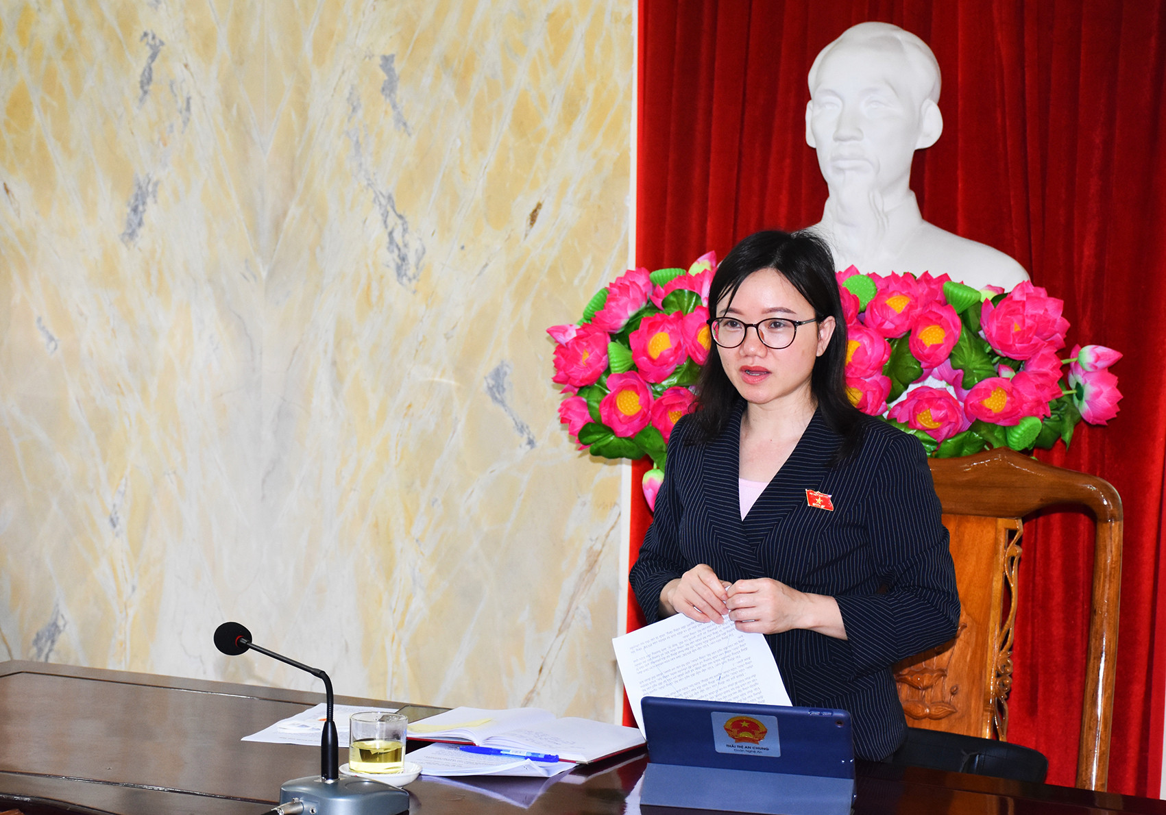 Phó Trưởng Đoàn Đại biểu Quốc hội tỉnh Thái Thị An Chung phát biểu kết luận cuộc làm việc. Ảnh: Thanh Lê