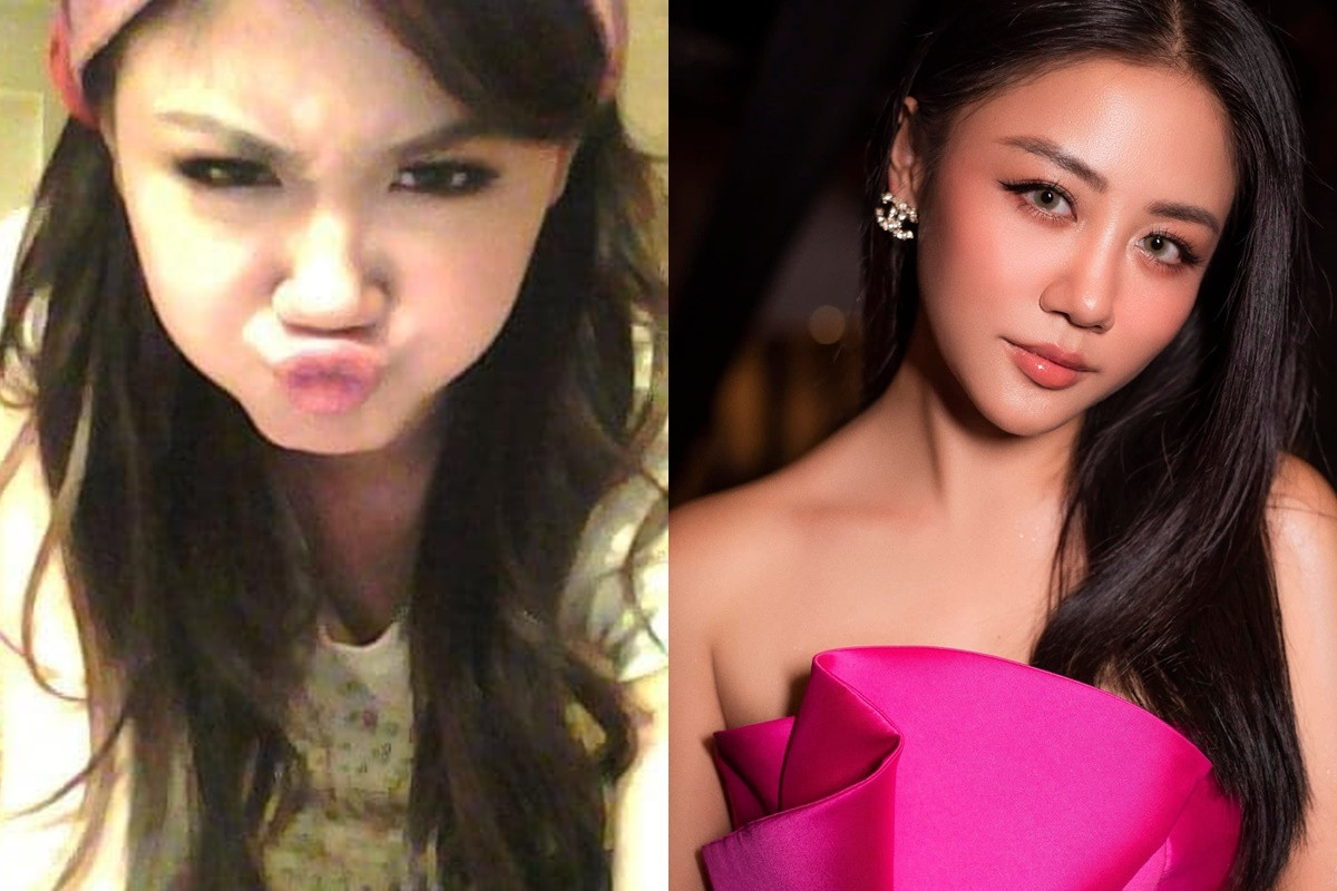 Văn Mai Hương (trái) selfie theo trend chu môi, phồng má của các teen girl thập kỷ trước. Có thời điểm nặng hơn 54 kg, cô thường để lộ eo ngấn mỡ, bị chê xấu tại các sự kiện. Hiện cô giữ mức 47 kg, gương mặt góc cạnh.