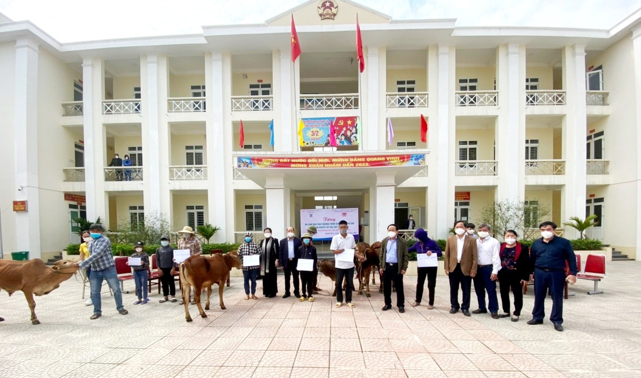 Hội Bảo vệ QTE và bảo trợ NKT tỉnh Nghệ An tặng bò sinh kế cho người khuyết tật ở Quỳnh Lưu. Ảnh: Thu Hương