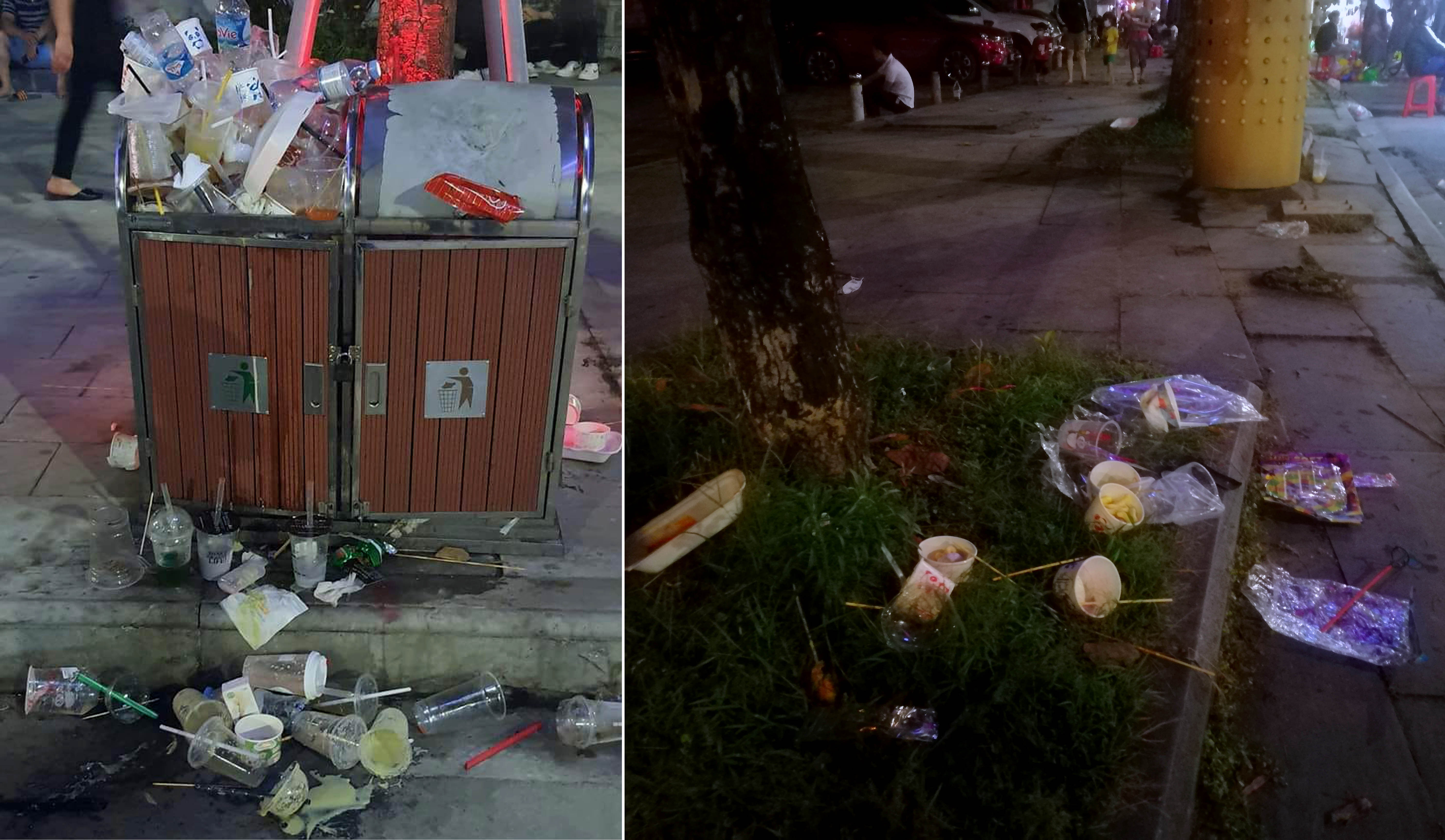 Thùng rác quá tải, người dân xả rác bừa bãi tại phố đi bộ Vinh trong đợt vận hành cuối tuần qua. Ảnh: P.V