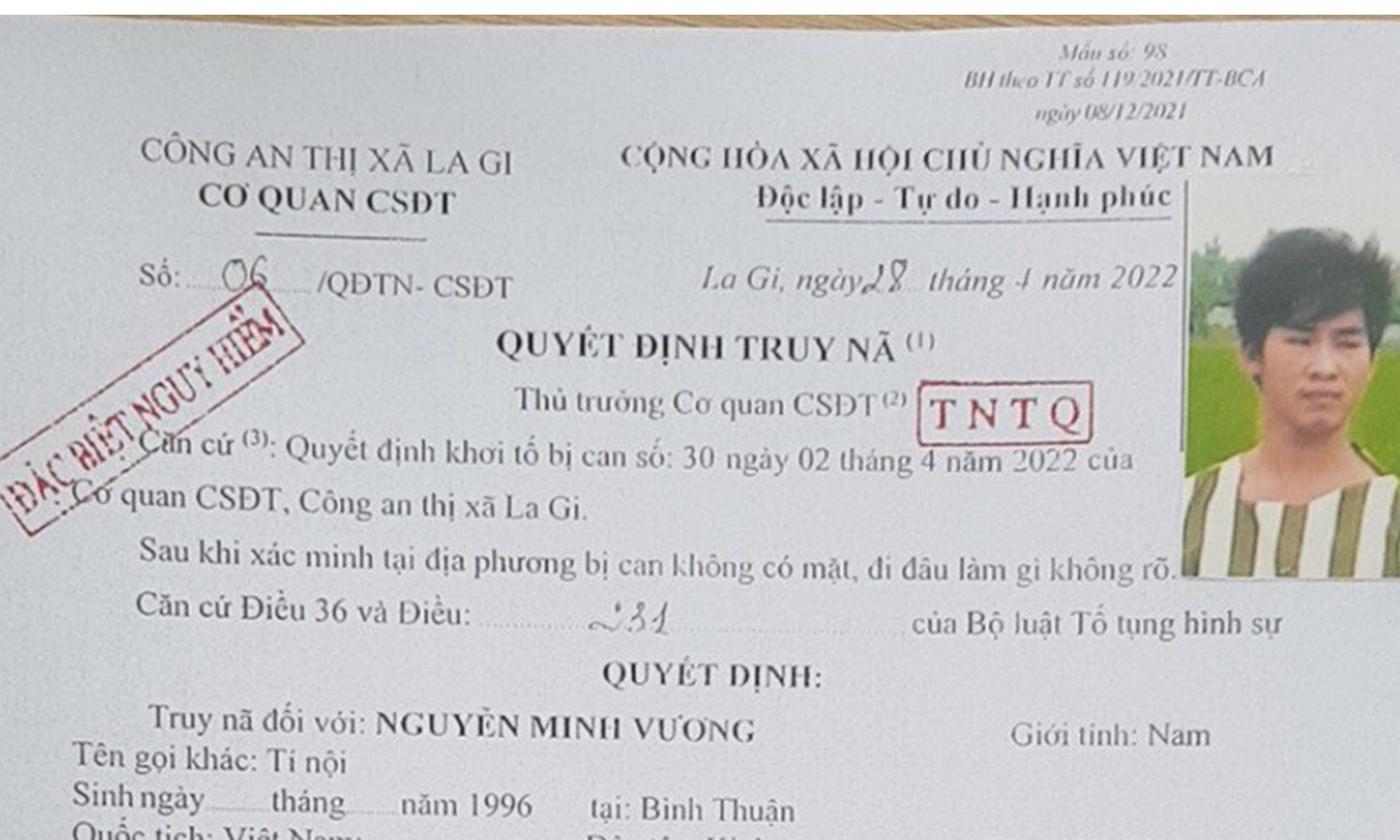 Quyết định truy nã đối tượng đặc biệt nguy hiểm Nguyễn Minh Vương