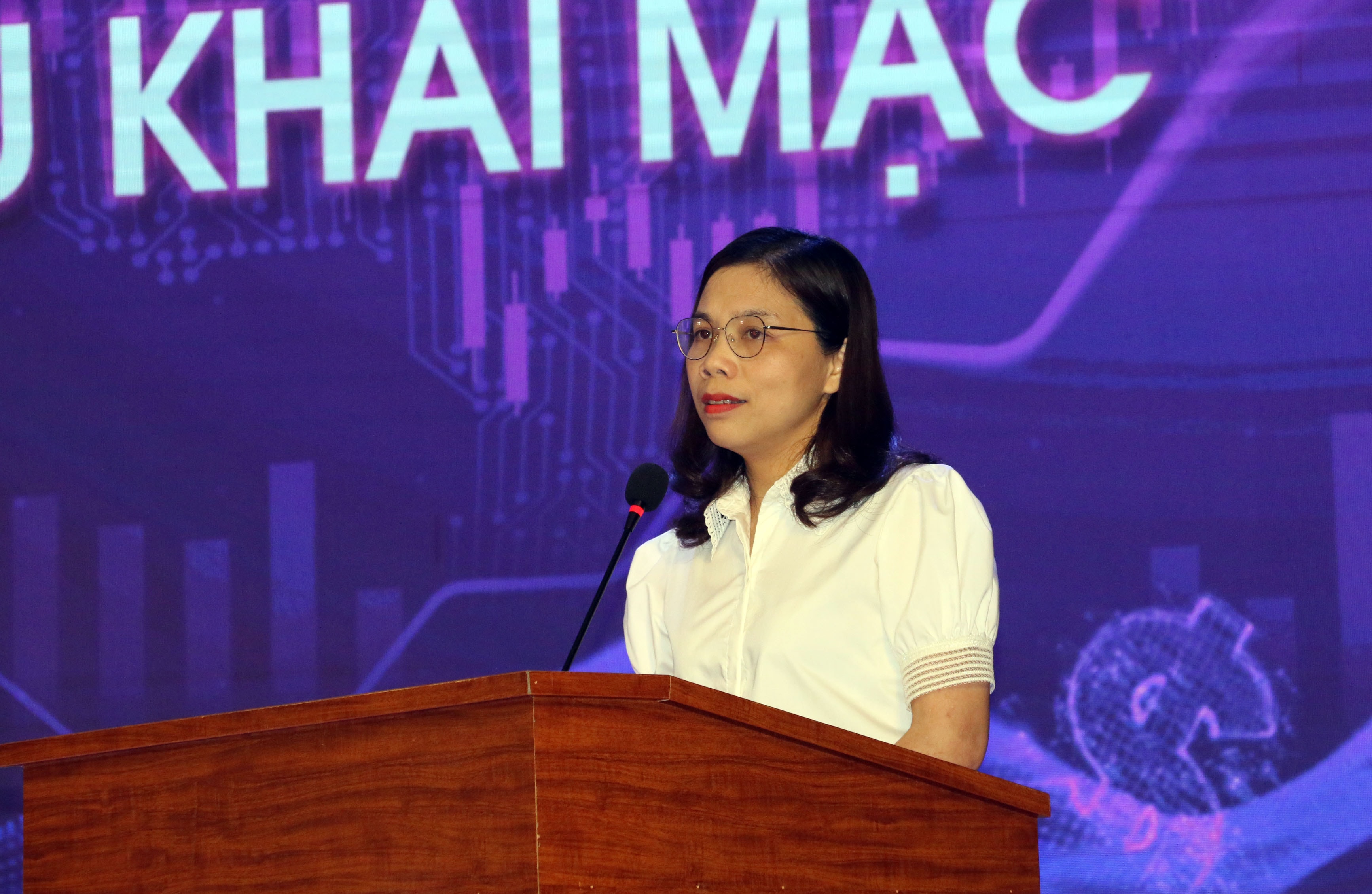Tiến sỹ Hồ Mỹ Hạnh - Phó Hiệu trưởng Trường Kinh tế phát biểu tại đêm chung kết. Ảnh: MH