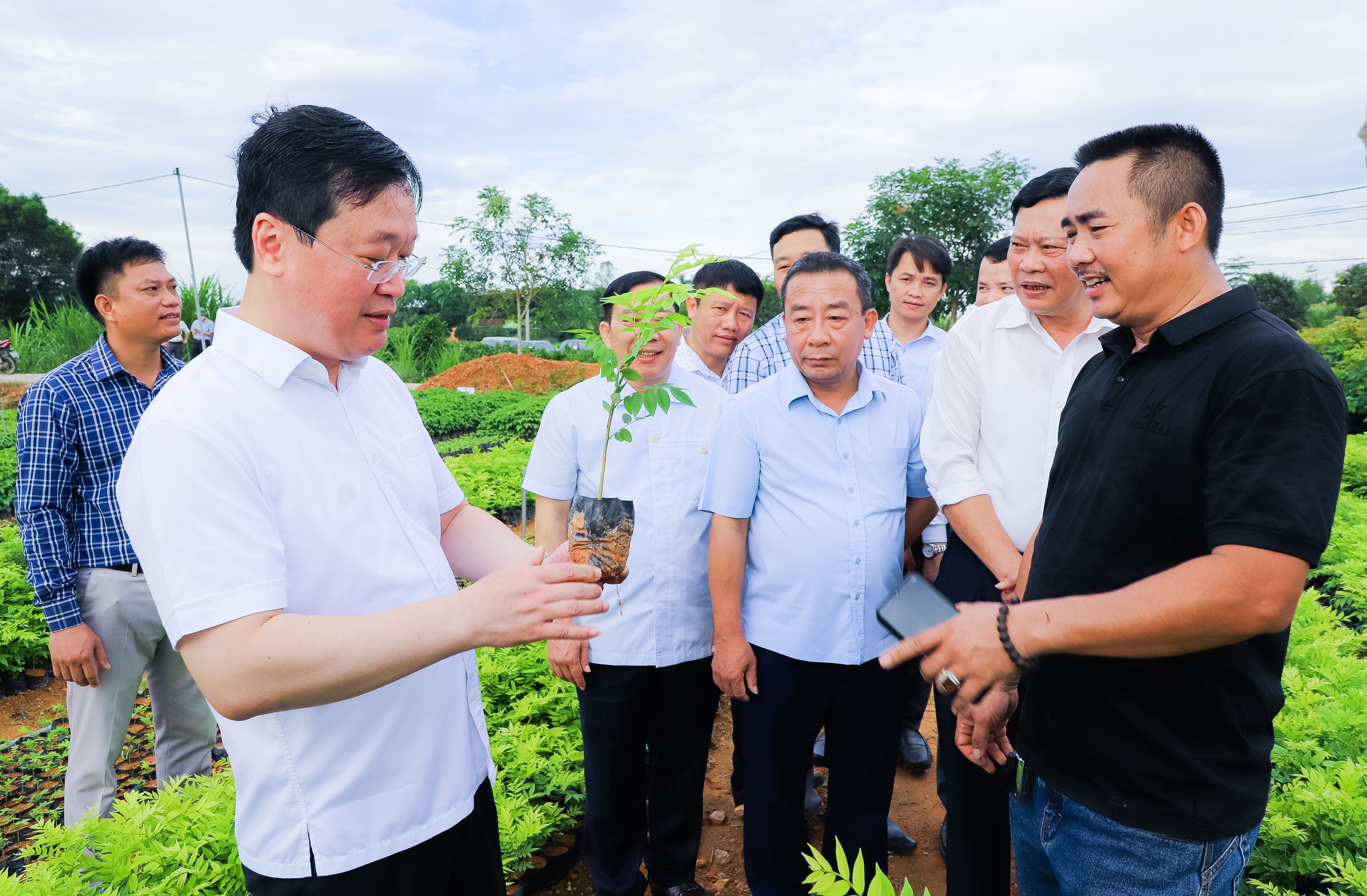 Trước khi làm việc với lãnh đạo huyện, Chủ tịch UBND tỉnh Nguyễn Đức Trung đã đến tham quan mô hình vườn ươm cây giống lâm nghiệp tại xã Tân Hương. Ảnh: Phạm Bằng