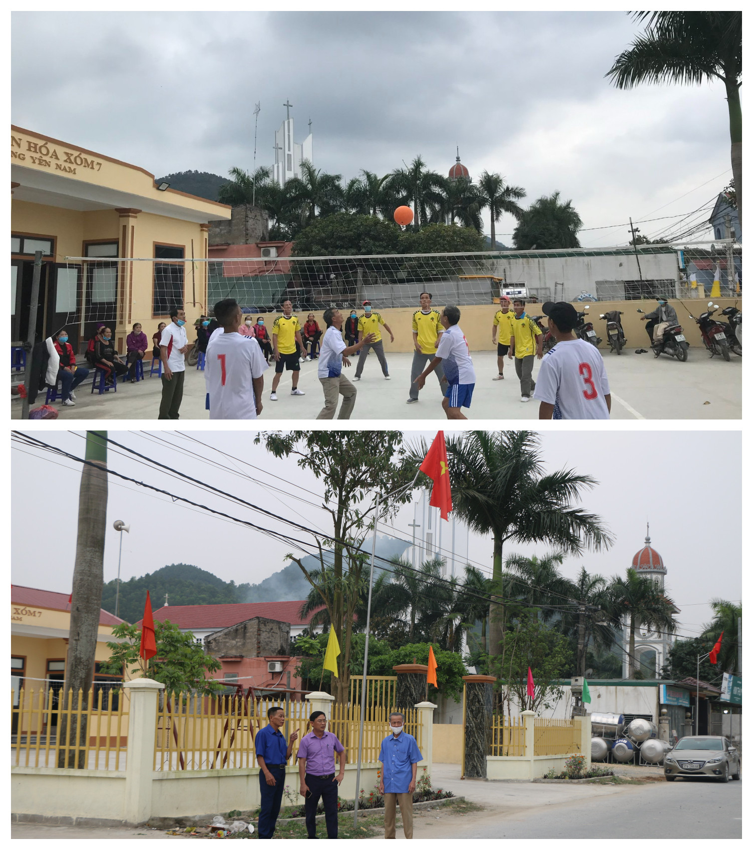 Người dân xóm 7 chơi thể thao ở khuôn viên nhà văn hóa xóm; Lãnh đạo xã Hưng Yên Nam trao đổi với người dân xóm 7 về xây dựng NTM. Ảnh: GH