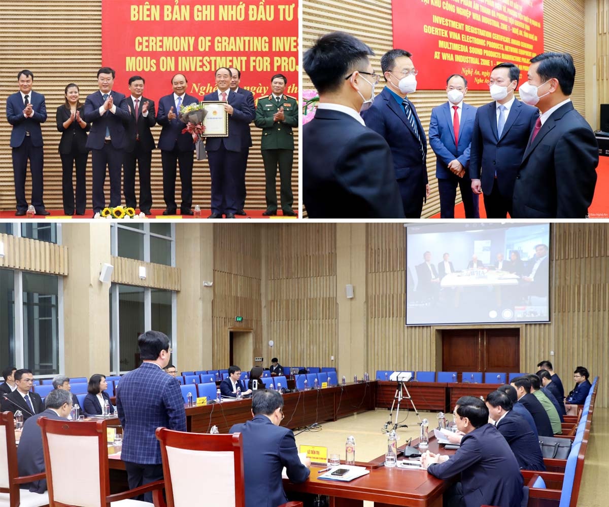 Lãnh đạo tỉnh trao Giấy chứng nhận đăng ký đầu tư dự án cho Công ty Goertek Technology Co.Limited; Bí thư Tỉnh ủy Thái Thanh Quý và Chủ tịch UBND tỉnh Nguyễn Đức Trung trao đổi với nhà đầu tư; Buổi lễ trao Giấy chứng nhận đăng ký đầu tư điều chỉnh dự án Khu công nghiệp WHA (được trực tuyến tới Tập đoàn WHA tại Thái Lan). Ảnh: P.B