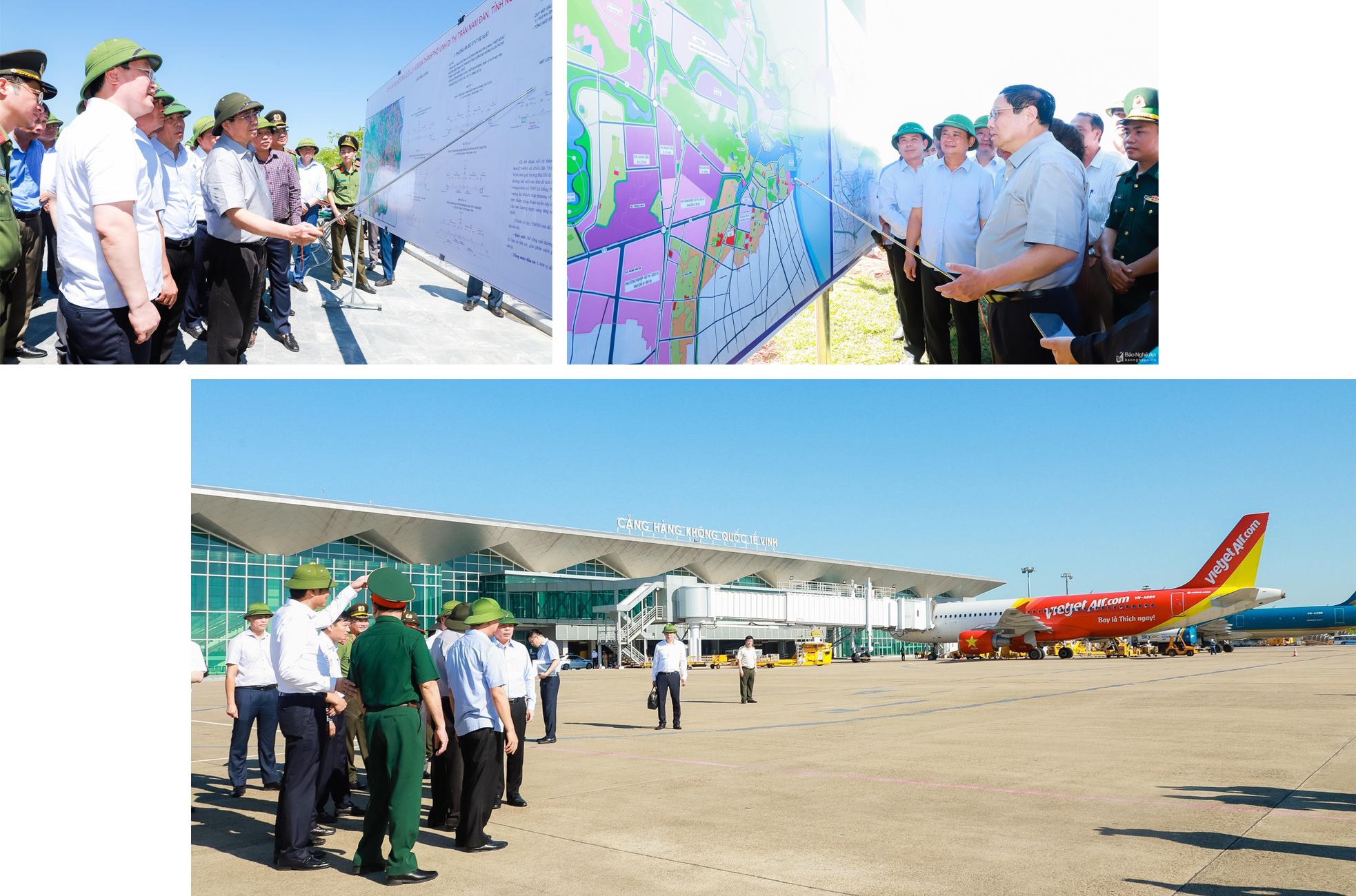 Thủ tướng Phạm Minh Chính cho ý kiến về các phương án cải tạo, mở rộng Quốc lộ 46 đoạn Vinh - Nam Đàn và kiểm tra thực địa vị trí dự án Cảng nước sâu Cửa Lò; Đoàn công tác Chính phủ và lãnh đạo tỉnh Nghệ An khảo sát tại Cảng hàng không Quốc tế Vinh. Ảnh: Thành Duy