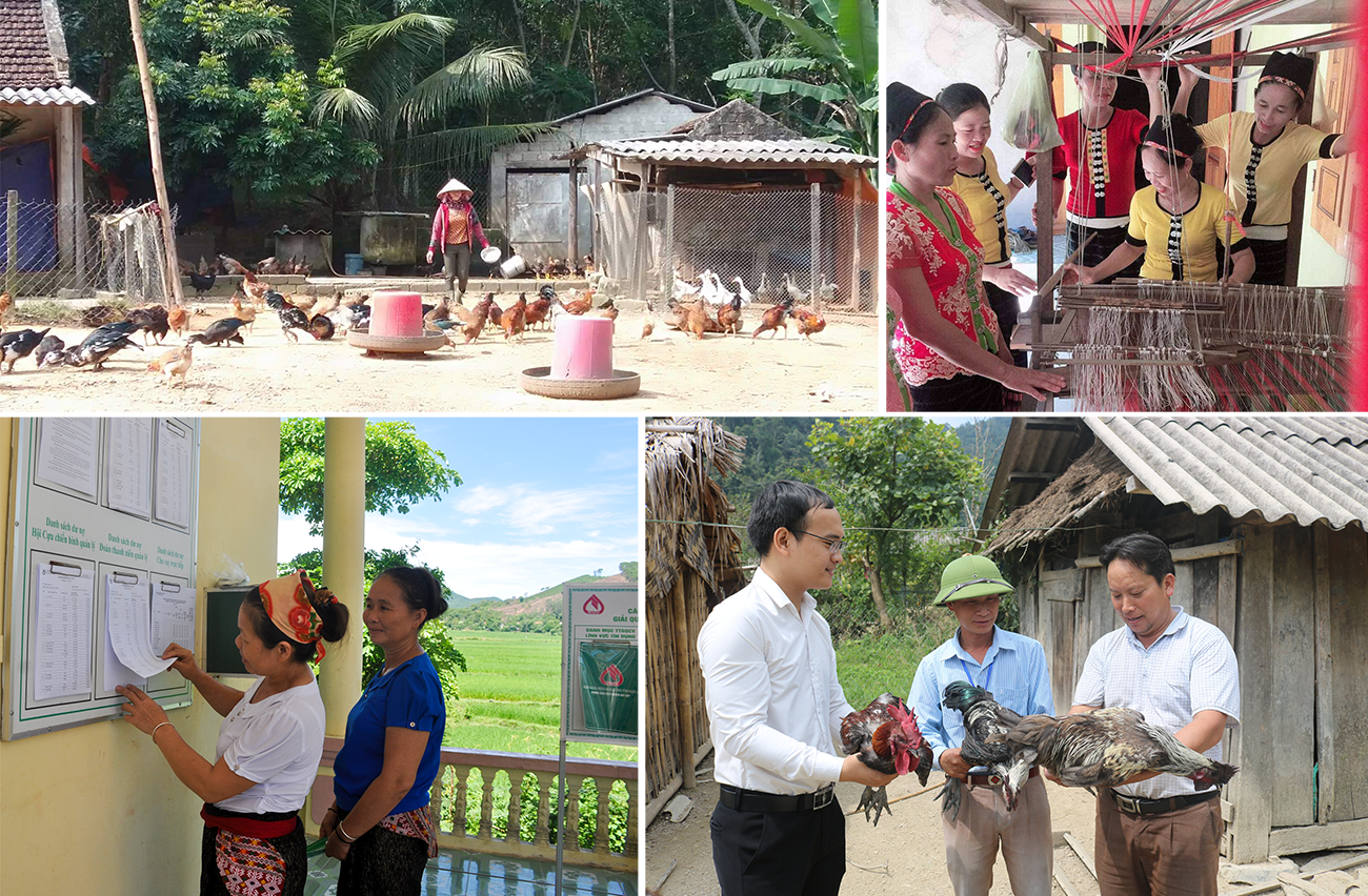Hộ chị Tô Thị Hương ở bản Quỳnh 2, xã Châu Bình (Quỳ Châu) chăn nuôi gia cầm từ vốn vay ngân hàng CSXH; Chị em Tổ tiết kiệm và vay vốn bản Xiềng, xã Môn Sơn (Con Cuông) phát triển nghề dệt thổ cẩm từ vốn vay ngân hàng; Hội viên tổ tiết kiệm vay vốn ở xã Châu Thái (Quỳ Hợp) xem thông tin vay vốn tại trụ sở UBND xã; Ông Vừ Tồng Pó ở bản Mường Lống 1, xã Mường Lống (Kỳ Sơn) chọn gà đen bản địa để phát triển kinh tế.