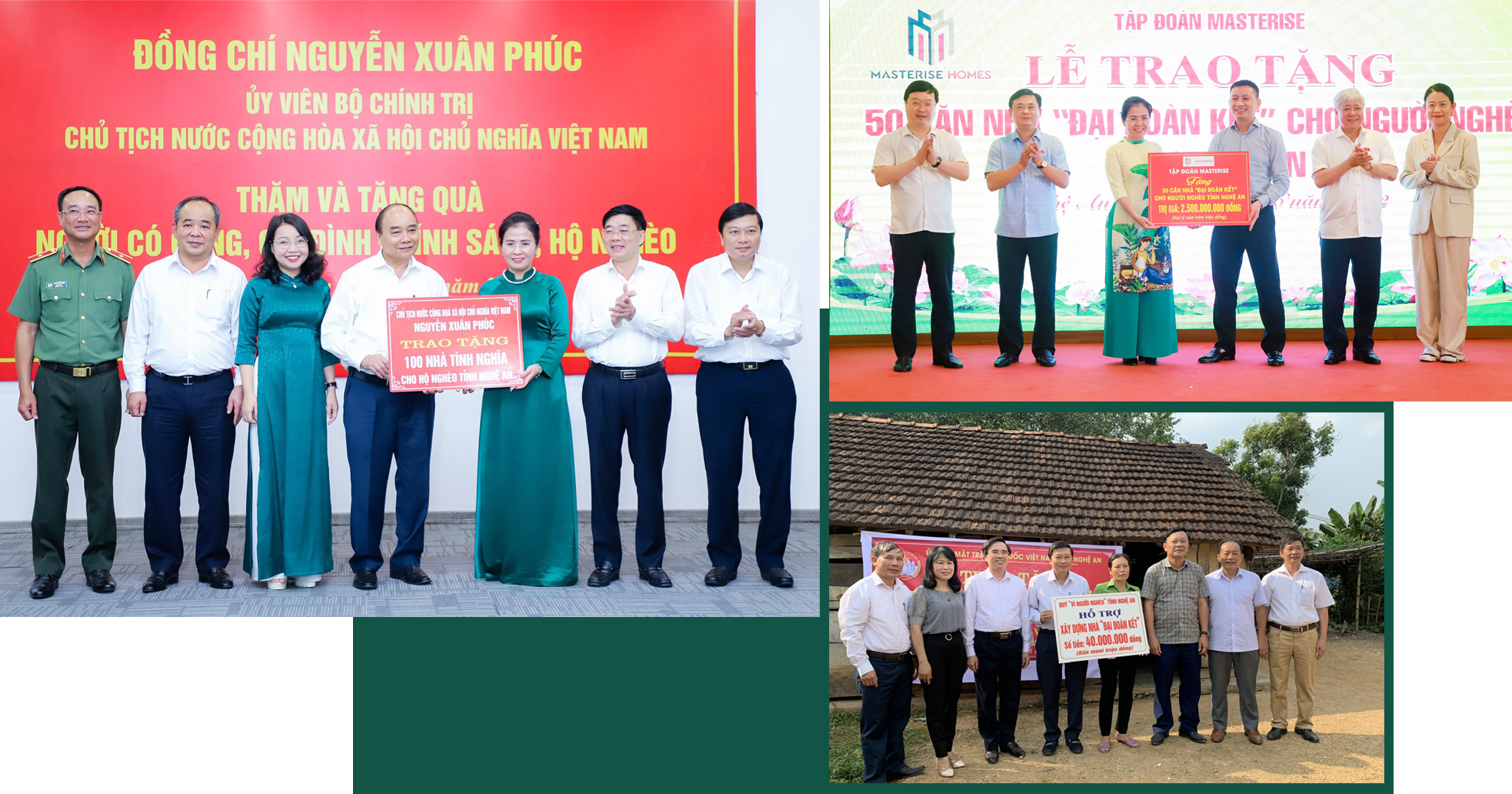Chủ tịch nước Nguyễn Xuân Phúc trao tặng 100 nhà tình nghĩa cho hộ nghèo trên địa bàn tỉnh trong chuyến công tác tại Nghệ An vào đầu tháng 9/2022; Chủ tịch Ủy ban Trung ương MTTQ Việt Nam Đỗ Văn Chiến và lãnh đạo tỉnh Nghệ An chứng kiến doanh nghiệp trao hỗ trợ xây dựng 50 căn nhà “Đại đoàn kết” cho các hộ nghèo; Lãnh đạo tỉnh và huyện Tân Kỳ trao hỗ trợ xây dựng nhà Đại đoàn kết cho hộ nghèo.
