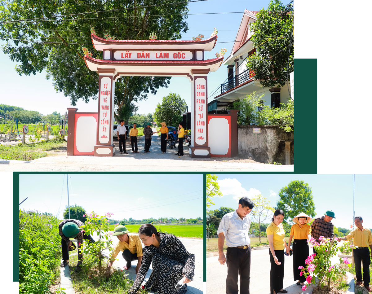 Cổng làng xóm Yên Sơn, xã Hòa Sơn (Đô Lương); Cán bộ và người dân xóm Yên Sơn chăm sóc đường hoa; Lãnh đạo Ủy ban MTTQ huyện Đô Lương thăm mô hình khu dân cư Sáng - Xanh - Sạch - Đẹp - An toàn tại xóm Yên Sơn.