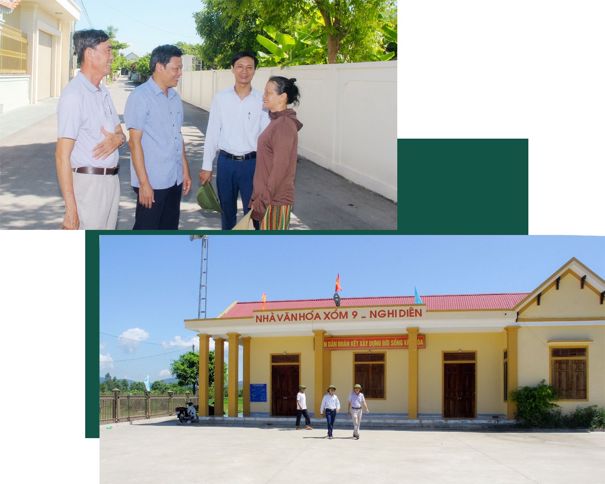 Lãnh đạo MTTQ huyện Nghi Lộc và xã Nghi Diên tìm hiểu sự hài lòng của người dân trong xây dựng NTM; Xóm Quyết Thắng, xã Nghi Diên huy động sức dân xây dựng nhà văn hóa.