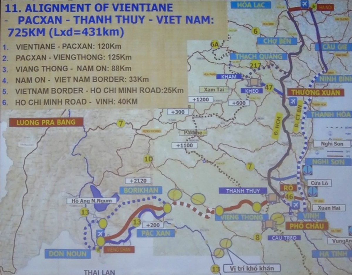 Sơ đồ hướng tuyến đường cao tốc Hà Nội - Viêng Chăn đi qua cửa khẩu Thanh Thủy.