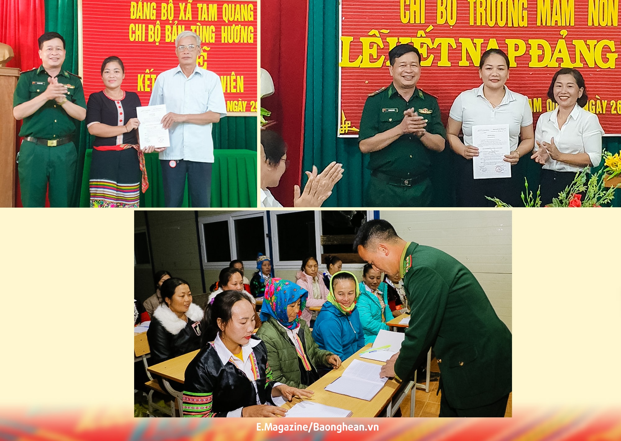 Cán bộ biên phòng dạy xoá mù chữ cho phụ nữ bản Mông, bản Huồi Mới, xã Tri Lễ, huyện Quế Phong; Chi bộ bản Tùng Hương xã Tam Quang, Tương Dương trao quyết định kết nạp đảng viên cho quần chúng ưu tú. Ảnh: CSCC - KL