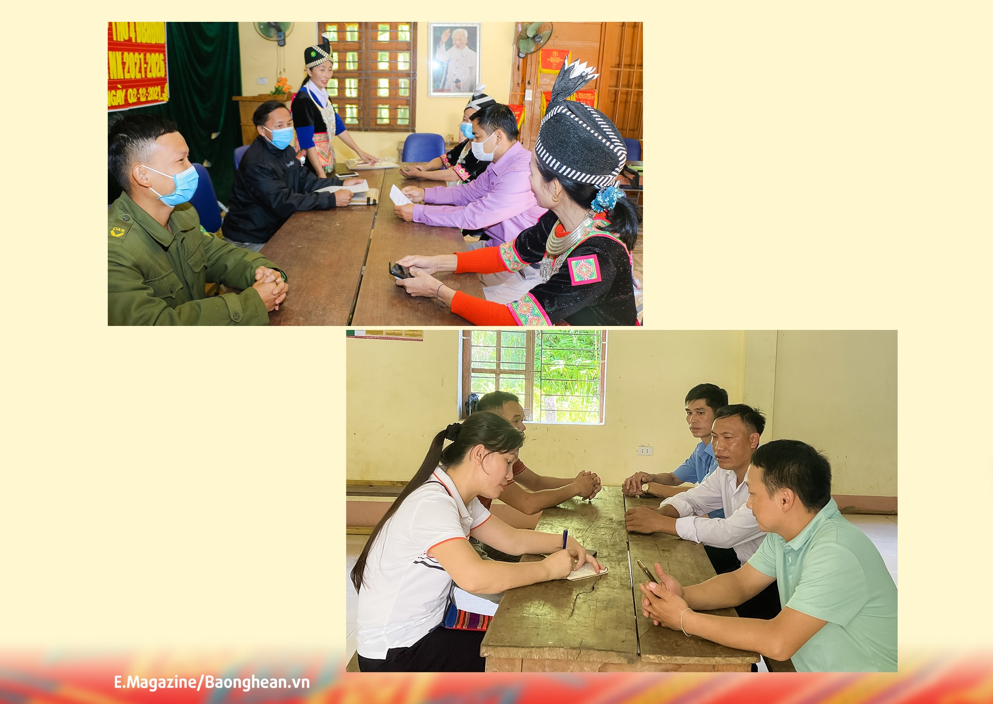Bí thư Chi bộ bản Lưu Thông, xã Lưu Kiền (Tương Dương) Vừ Y Dở trao đổi về khó khăn công tác phát triển đảng viên nữ; Chi bộ bản Phá Lõm, xã Tam Hợp (Tương Dương) bàn giải pháp phát triển đảng viên nữ. Ảnh: K.L