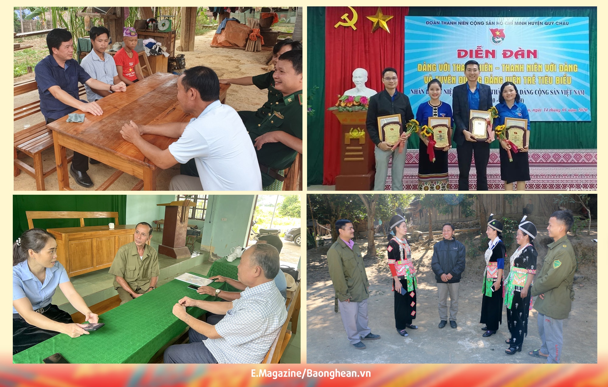 Bí thư Huyện ủy Con Cuông trao đổi với cán bộ thôn bản về phát triển kinh tế và bồi dưỡng, giới thiệu kết nạp các quần chúng ưu tú vào Đảng; Chi bộ bản Kẻ Móng xã Châu Bình trao đổi với lãnh đạo Ban Tổ chức Huyện ủy Quỳ Châu và Đảng ủy xã về công tác phát triển đảng; Chi ủy, Ban Cán sự bản Lưu Thông, Lưu Kiền (Tương Dương) quan tâm tạo điều kiện cho phong trào phụ nữ ở thôn bản; Các đảng viên trẻ xuất sắc của huyện Quỳ Châu tại Diễn đàn “Đảng với thanh niên, thanh niên với Đảng”. Ảnh: Lương Nga - Mai Hoa - KL