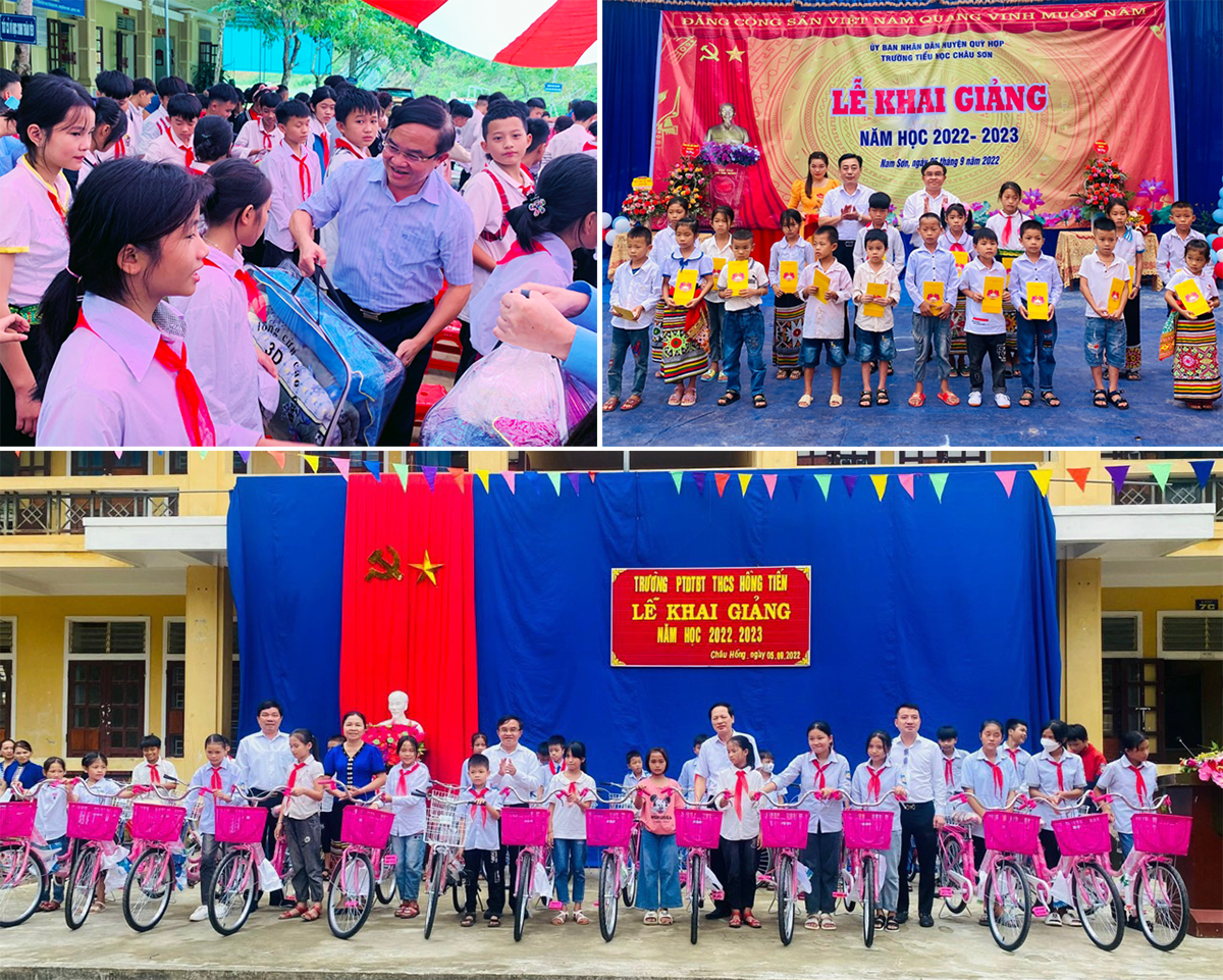 Đồng chí Ngọc Kim Nam cùng đoàn công tác thăm và tặng quà cho các học sinh bán trú tại Trường Phổ thông Dân tộc bán trú THCS Thông Thụ (Quế Phong); Đồng chí Ngọc Kim Nam tặng hoa, quà của Tỉnh ủy, HĐND, UBND, Ủy ban Mặt trận Tổ quốc tỉnh Nghệ An tới thầy và trò Trường Tiểu học Châu Sơn; Lãnh đạo Ban Dân vận Tỉnh ủy tặng quà cho học sinh khó khăn Trường PTDTBT THCS Hồng Tiến, xã Châu Hồng (Quỳ Hợp). Ảnh: CSCC