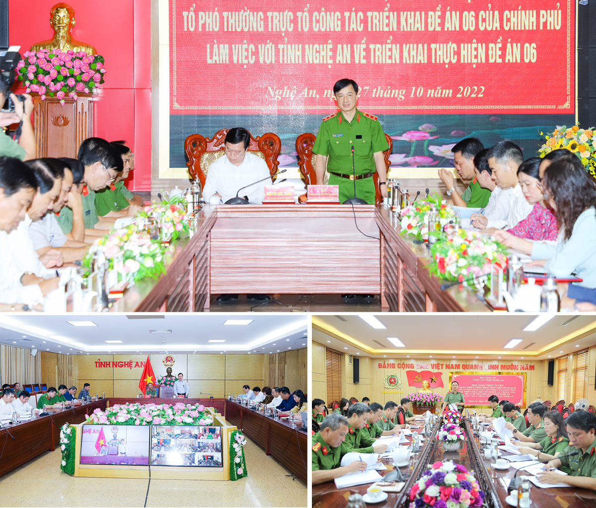 Toàn cảnh buổi làm việc của Thứ trưởng Bộ Công an Nguyễn Duy Ngọc với tỉnh Nghệ An về triển khai Đề án 06; Hội nghị trực tuyến toàn tỉnh kiểm điểm, đánh giá, triển khai kế hoạch trọng tâm thực hiện Đề án 06; Công an tỉnh tổ chức hội nghị quán triệt kế hoạch của UBND tỉnh về triển khai Đề án 06. Ảnh: Phạm Bằng - CTV