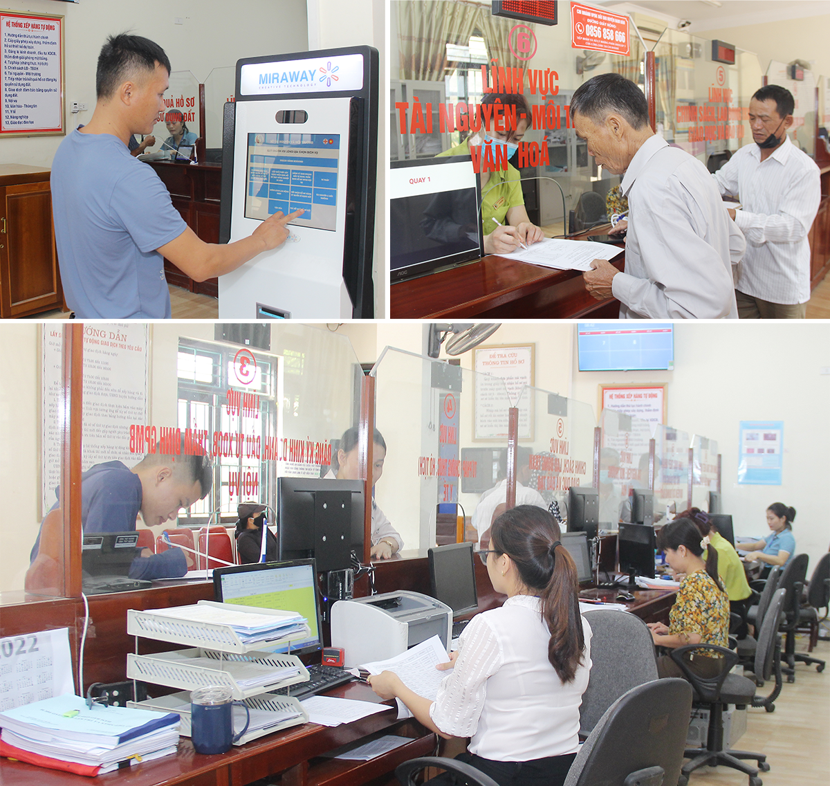Người dân bấm lấy số thứ tự tại bộ phận một cửa huyện Nam Đàn; Công chức hướng dẫn, giải quyết thủ tục hành chính cho người dân tại bộ phận một cửa huyện Nam Đàn.