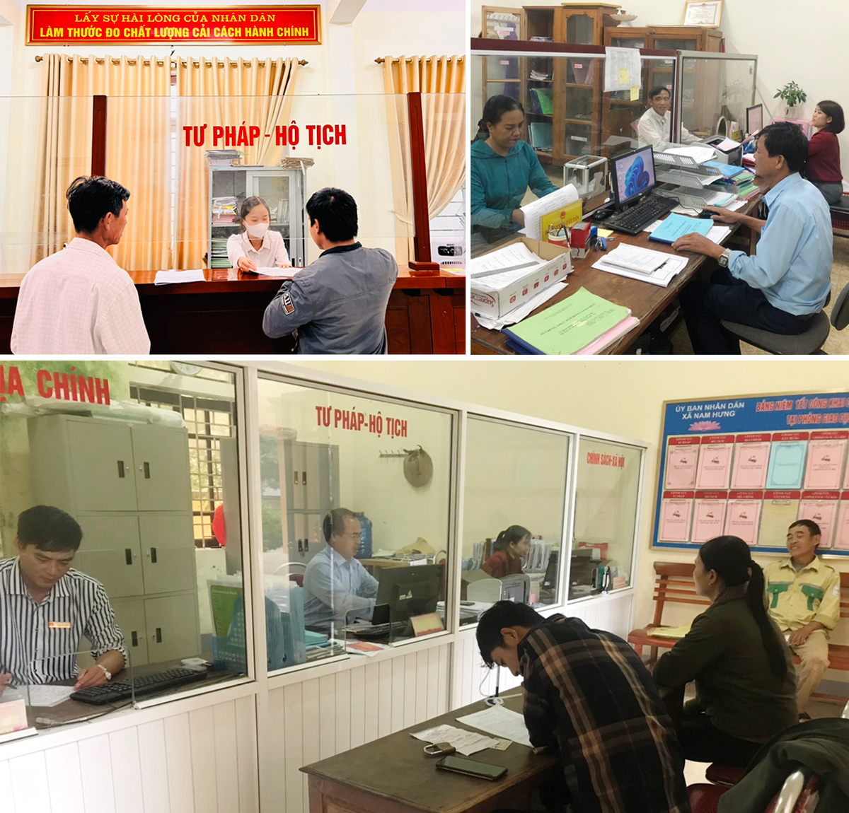 Giải quyết thủ tục hành chính cho người dân tại bộ phận một cửa các xã Kim Liên, Nam Anh và Nam Hưng. 