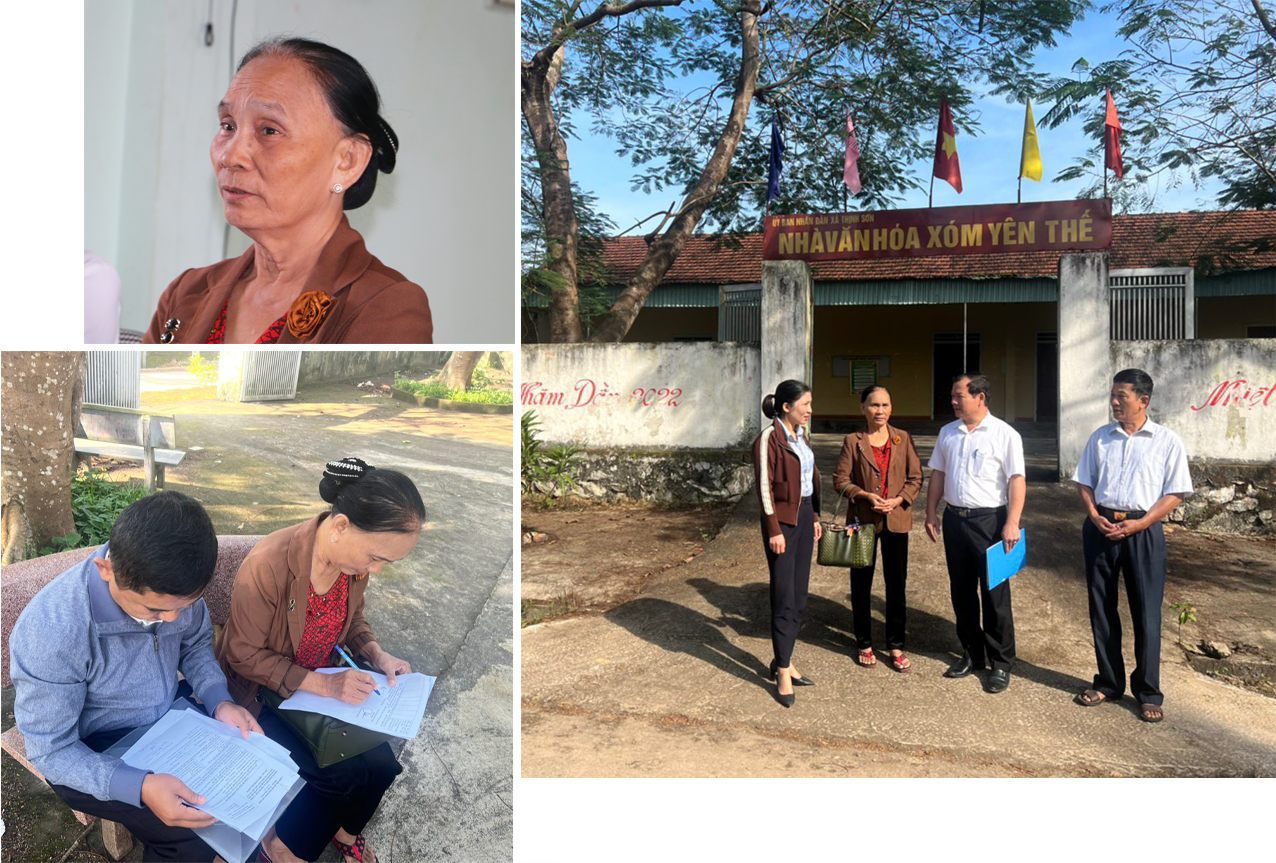 Bà Hoàng Thị Lý - nữ hòa giải viên của xóm Yên Thế, Xã Thịnh Sơn; Bà Hoàng Thị Lý trao đổi với lãnh đạo MTTQ huyện Đô Lương và xã Thịnh Sơn. Ảnh: K.L