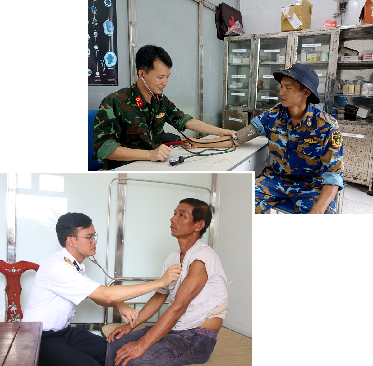 Người dân và các chiến sỹ trên đảo được kiểm tra sức khỏe thường xuyên tại bệnh xá; Bác sĩ tại Bệnh xá Sinh Tồn khám bệnh cho ngư dân.