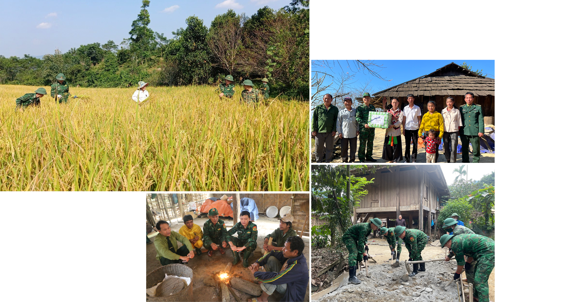 BĐBP Nậm Càn giúp người dân bản Nậm Càn thu hoạch lúa; Đồn biên phòng Nhôn Mai tặng quà nhân dân khu vực biên giới; Đồn Biên phòng Trạm kiểm soát Khe Khặng thăm hộ anh La Văn Tâm, dân tộc Đan Lai ở bản Cò Phạt, xã Môn Sơn (Con Cuông); Đồn Biên phòng Tam Hợp phối hợp Đoàn Thanh niên xã Tam Hợp giúp nhân dân làm đường bê tông ở bản Văng Môn, xã Tam Hợp. Ảnh: Hải Thượng - CSCC - Khánh Ly