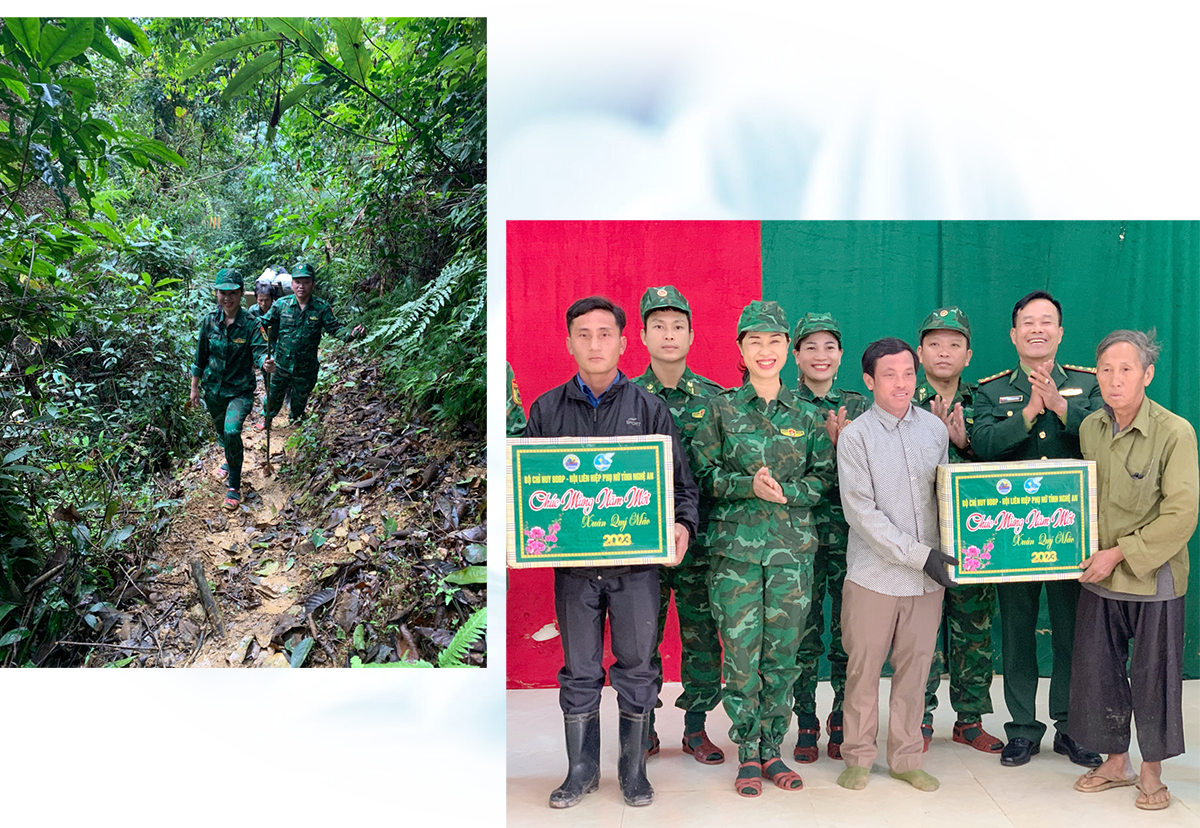Bà Nguyễn Thị Quỳnh Hoa trên đường lên với Chốt mốc 390 (Nhọt Lợt, thuộc Đồn Biên phòng Mỹ Lý, Kỳ Sơn); trao quà cho bản Phà Chiếng, xã Mai Sơn và bản Nhọt Lợt, xã Mỹ Lý. Ảnh: Hội LHPN tỉnh