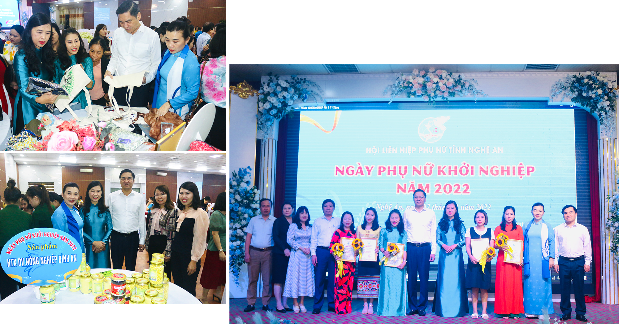 Phó Bí thư Tỉnh ủy Hoàng Nghĩa Hiếu và Chủ tịch Hội Liên hiệp Phụ nữ tỉnh Nguyễn Thị Quỳnh Hoa tại gian hàng trưng bày sản phẩm khởi nghiệp của phụ nữ trên địa bàn tỉnh trong chương trình “Ngày phụ nữ khởi nghiệp năm 2022” (2 ảnh trái); Trao giải cho 5 ý tưởng khởi nghiệp xuất sắc trong “Ngày phụ nữ khởi nghiệp năm 2022”. Ảnh: Hội LHPN tỉnh