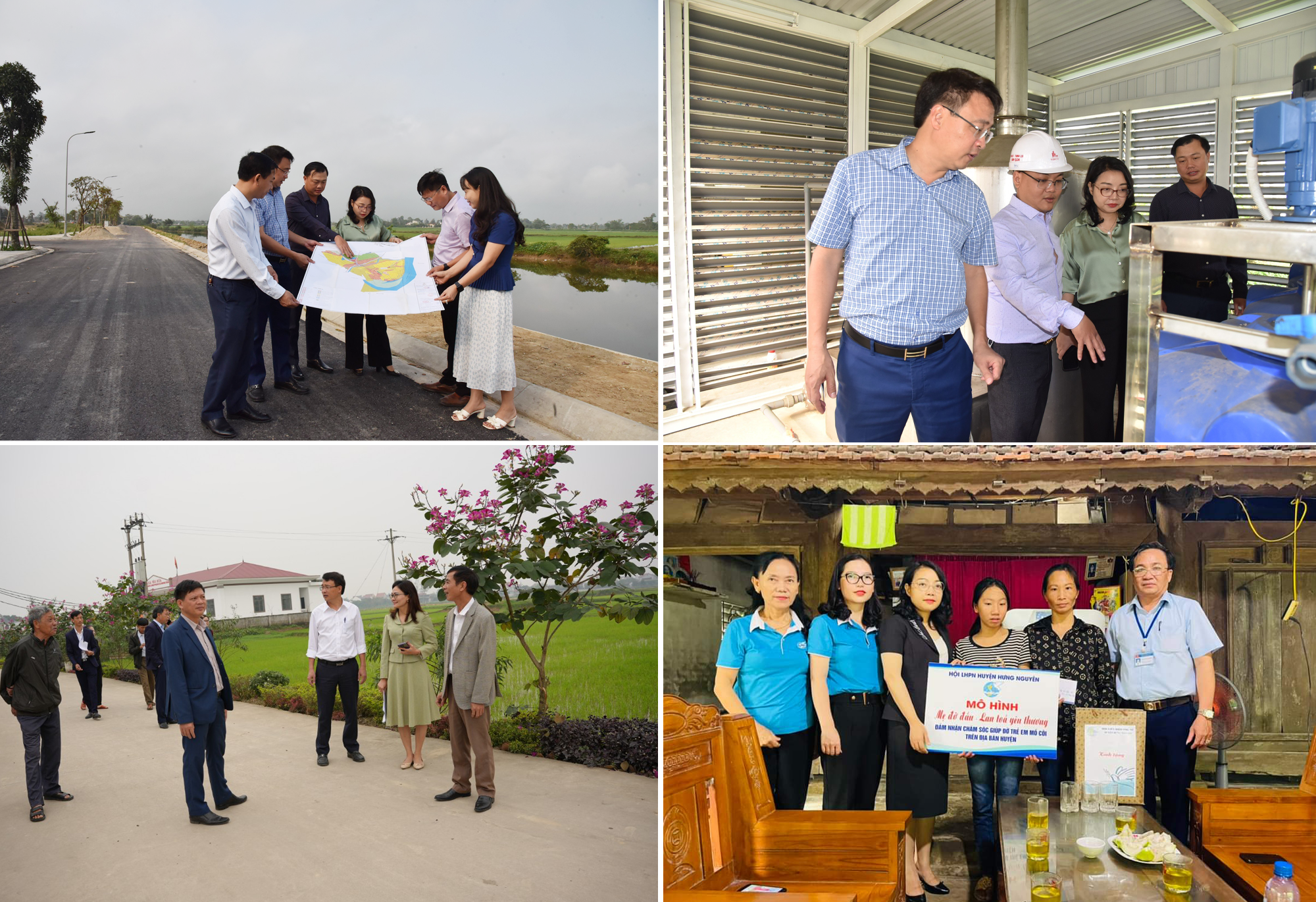 Lãnh đạo huyện Hưng Nguyên kiểm tra các công trình dự án trên địa bàn huyện (2 ảnh trên); Kiểm tra xây dựng nông thôn mới nâng cao; Bí thư Huyện ủy Hưng Nguyên nhận đỡ đầu trẻ mồ côi. Ảnh: Thanh Lê - CSCC