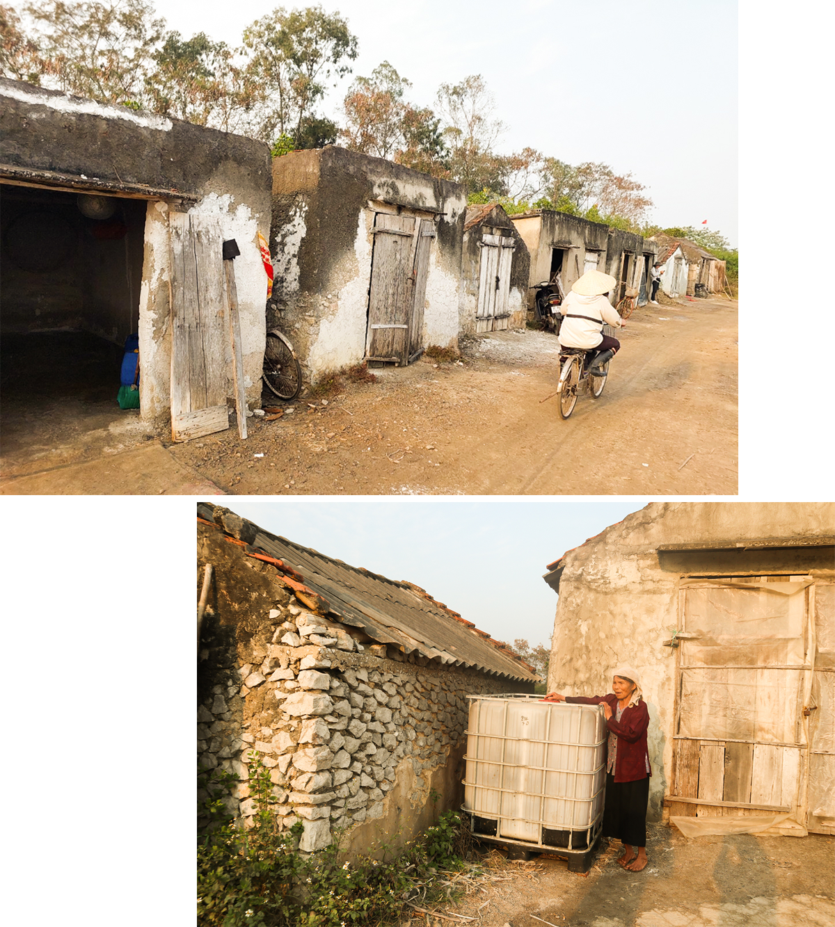 Những kho muối ở An Hoà (ảnh trên); Người dân gom nước ót để bán cho doanh nghiệp.