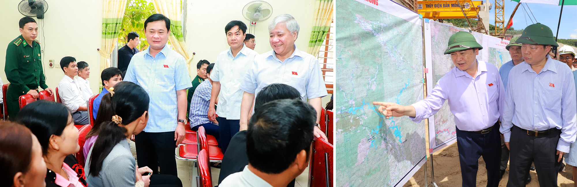 Các đại biểu Quốc hội: Đỗ Văn Chiến - Bí thư Trung ương Đảng,Chủ tịch Ủy ban Trung ương MTTQ Việt Nam và Thái Thanh Quý - Ủy viên Trung ương Đảng, Bí thư Tỉnh ủy, Trưởng Đoàn ĐBQH, Chủ tịch HĐND tỉnh trò chuyện với cử tri huyện Thanh Chương; Đoàn giám sát Quốc hội kiểm tra thực tế tại dự án hồ chứa nước Bản Mồng.