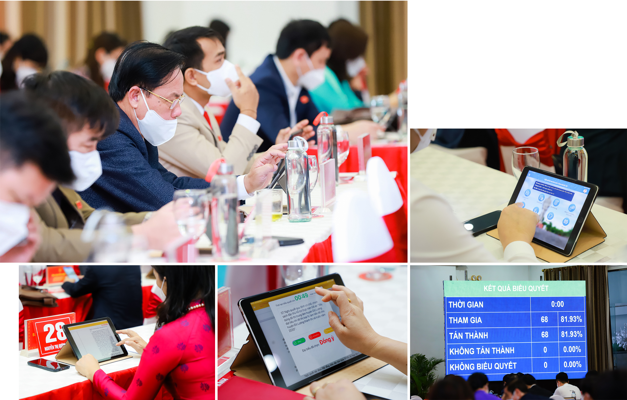 Đại biểu HĐND tỉnh trực tiếp nghiên cứu các tài liệu và biểu quyết trên máy tính bảng; Sau khi biểu quyết, các đại biểu có thể theo dõi kết quả ngay lập tức trên các màn hình lớn.