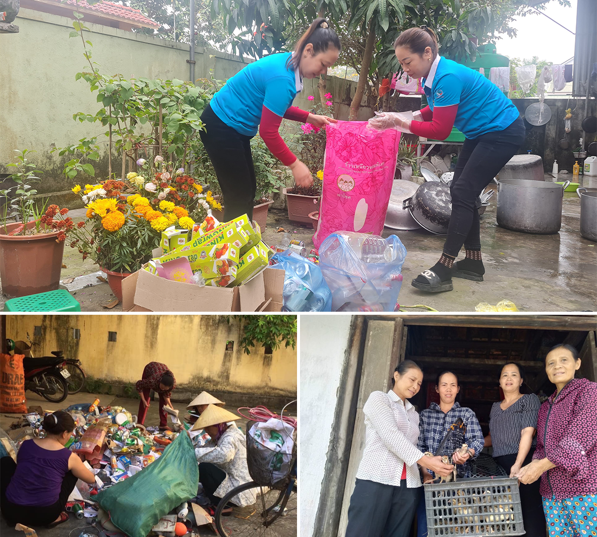 Phụ nữ huyện Hưng Nguyên gom rác thải bán lấy tiền mua con giống, thẻ bảo hiểm y tế tặng người nghèo.