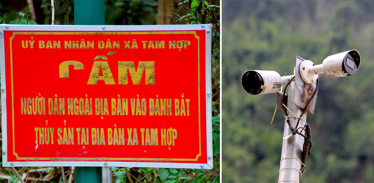 Xã Tam Hợp lắp đặt camera trên một số đoạn khe để theo dõi, đồng thời cắm biển cấm đánh bắt cá mát. Ảnh: Quang An