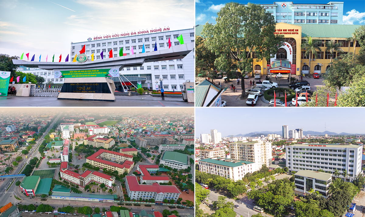 Bệnh viện Hữu nghị Đa khoa Nghệ An; Bệnh viện Sản Nhi Nghệ An; Toàn cảnh Trường Đại học Vinh và Trường Đại học Công nghiệp Vinh. Ảnh: Thành Chung - Sách Nguyễn - Thành Cường