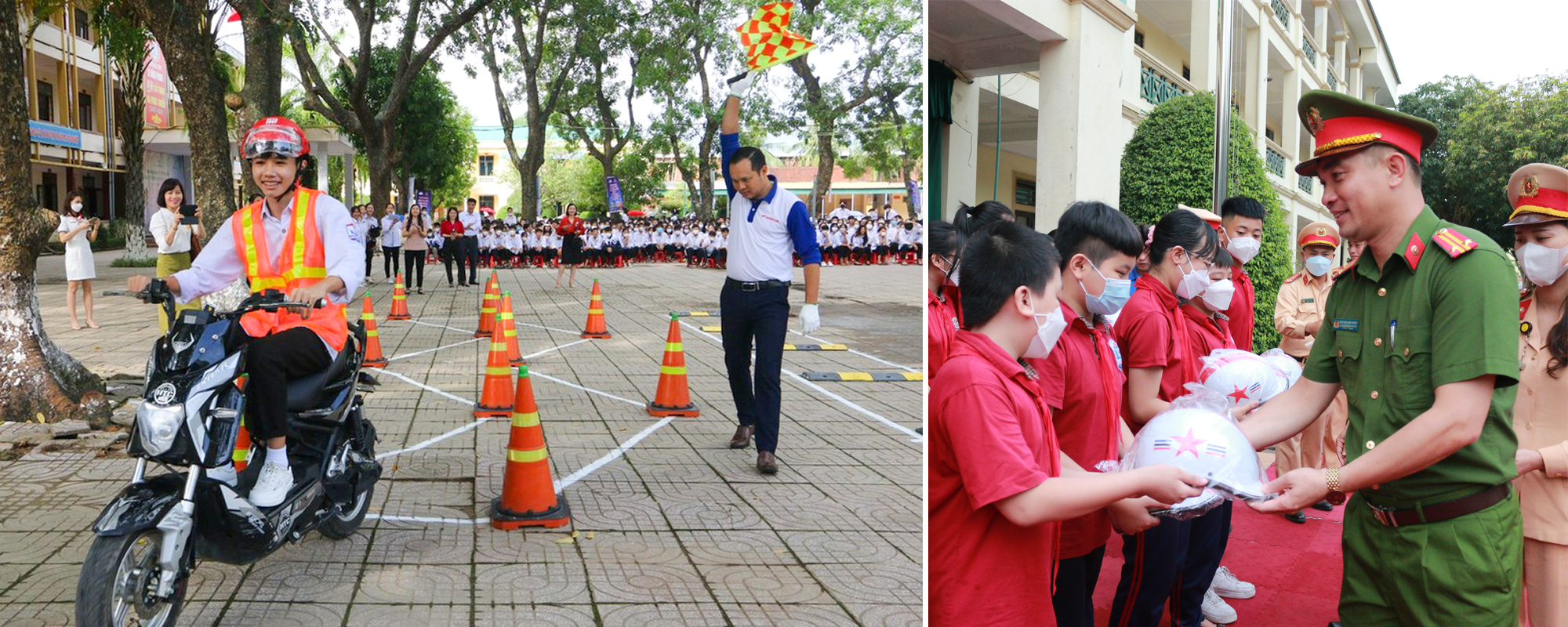 Hướng dẫn cho học sinh điều khiển phương tiện theo sa hình; Công an TP. Vinh tổ chức tuyên truyền Luật Giao thông đường bộ, tặng mũ bảo hiểm cho các em học sinh.