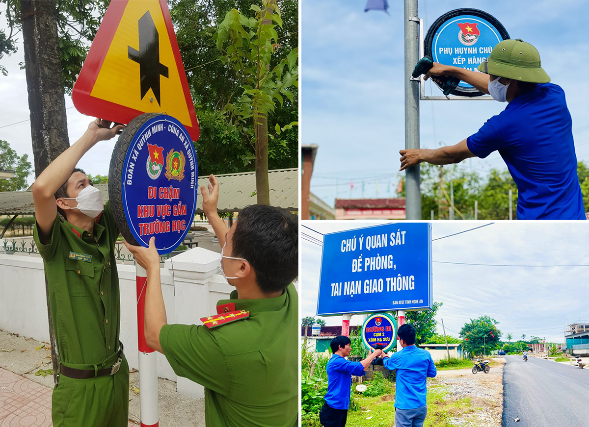 Công an và ĐVTN các địa phương lắp đặt biển cảnh báo, hướng dẫn an toàn giao thông. Ảnh: CSCC