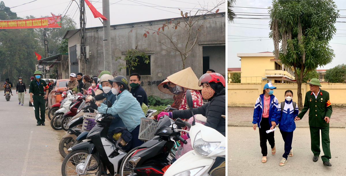 Hội CCB xã Nghi Trung (Nghi Lộc) triển khai mô hình cổng trường an toàn tại Trường Tiểu học Nghi Trung (ảnh trái); Mỗi buổi chiều, ông Vũ Thanh Quang - Chi hội phó Chi hội CCB tổ dân cư số 3 thị trấn Quán Hành (Nghi Lộc) đều có mặt để đảm bảo an ninh trật tự quanh cổng trường.
