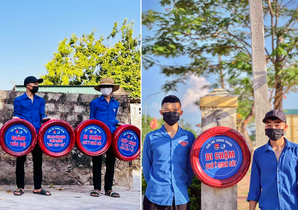 Tuổi trẻ xã Trung Thành (Yên Thành) dùng lốp xe làm biển cảnh báo giao thông.