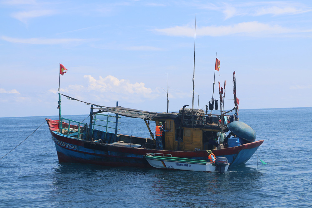 bna_Lực lượng kiểm ngư Nghệ An tiếp cận kiểm tra thủ tục đánh bắt 1 tàu cá tại vùng lộng gần đảo Mắt Nghệ An.JPG