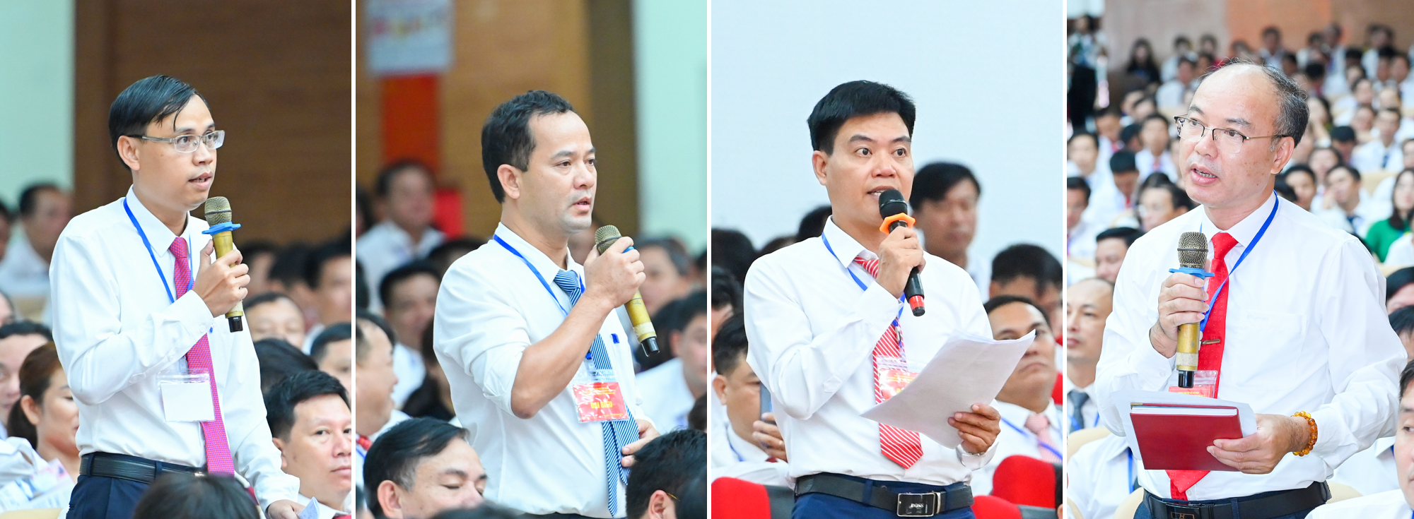 Các đồng chí lãnh đạo cấp xã phát biểu đề nghị, trả lời câu hỏi của Thường trực Tỉnh ủy tại chương trình (Trong ảnh, trái sang: Đồng chí Kha Văn Lập - Bí thư Đảng ủy xã Nga My (huyện Tương Dương); Đồng chí Trần Văn Sao - Bí thư Đảng ủy, Chủ tịch HĐND xã Nghi Văn (Nghi Lộc); Đồng chí Phan Văn Dũng - Chủ tịch UBND xã Thanh Tùng (Thanh Chương); Đồng chí Hoàng Đình Hưng - Bí thư Đảng ủy, Chủ tịch HĐND phường Quang Trung (TP. Vinh). Ảnh: Thành Cường