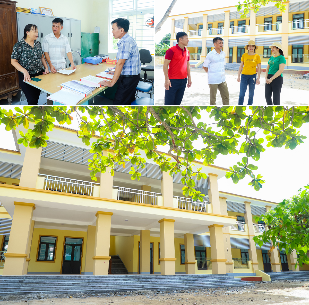 Đồng chí Lê Viết Hùng - Bí thư Đảng ủy xã Xuân Lam, huyện Hưng Nguyên (giữa) trao đổi công việc với cán bộ xã; trao đổi với giáo viên Trường Tiểu học Xuân Lam về công tác chuẩn bị năm học mới. Ảnh: Thành Duy
